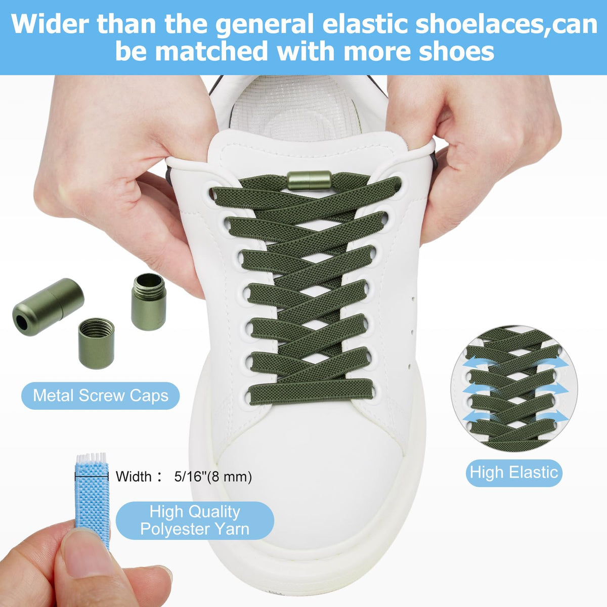 2 Pairs Elastic Shoe Laces for Trainers, 8mm Shoelace