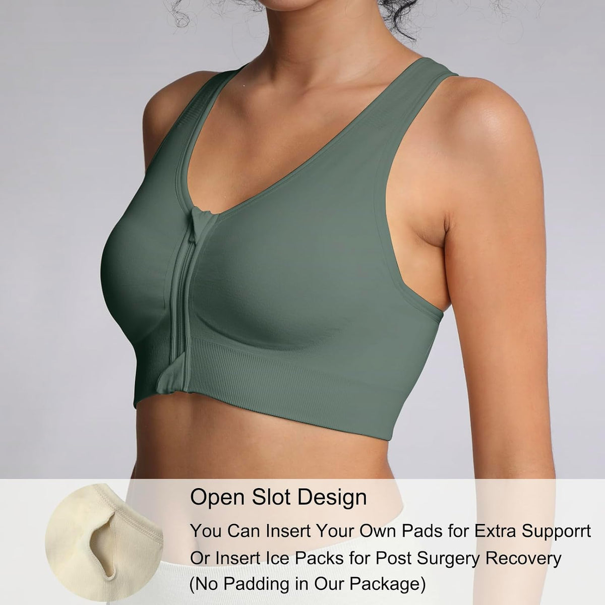 Lemef Front Zipper Sports Bras High Impack Post Op Compression Bras for Women Post Surgery Wireless Racerback Yoga Bra