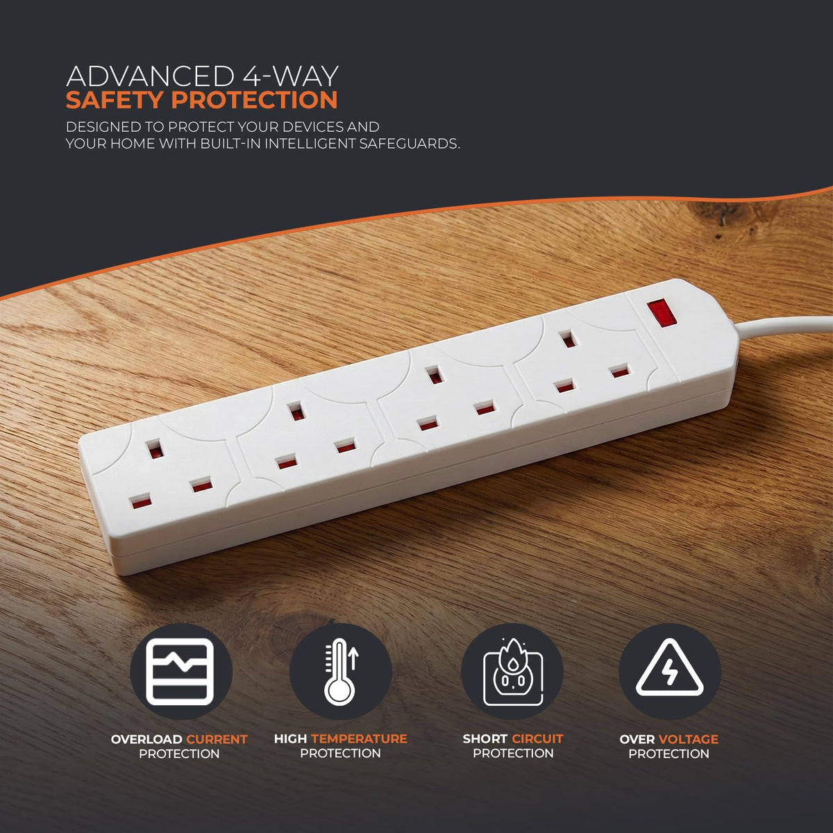 Wolf Power 4 Way Extension Lead, 2 Metre Extension Cable with UK 3 Pin Plug, Multi Socket Power Strip, Wall Mountable, Suitable for Home, Office & Appliances (Black, 1 Pack)