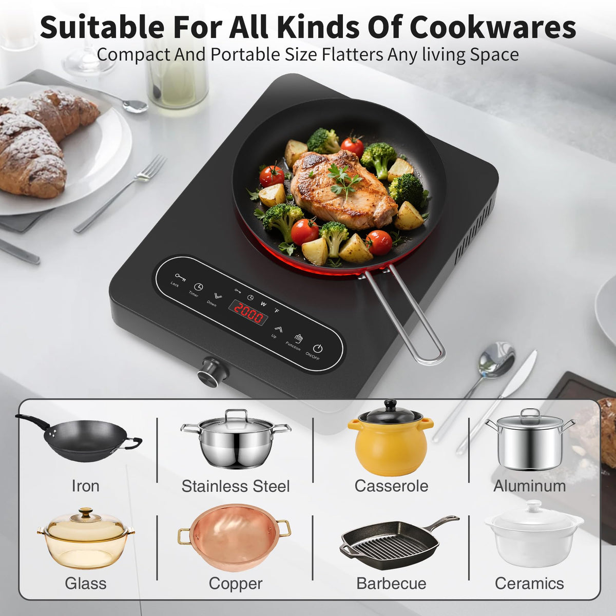 VBGK Double Induction Hob,220V 3600W 2 Ring Induction Hob with Knob Control,9 Power Levels, Kids Lock & Timer,LED Touch Control,Overheat Protection