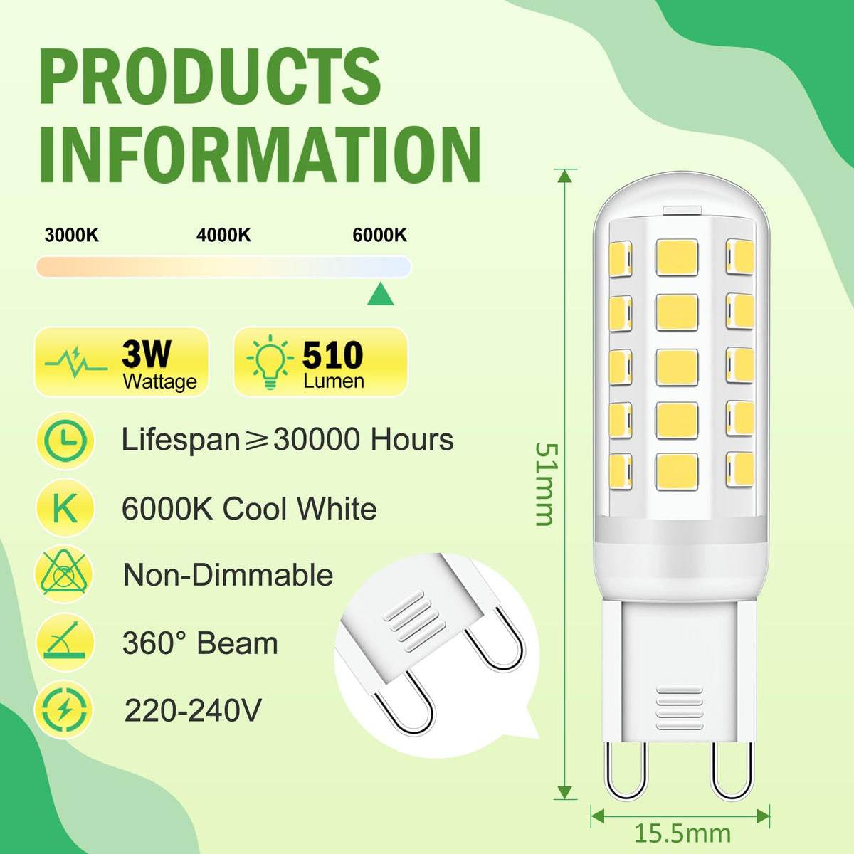 G9 Led Bulbs Warm White 6-Pack, 3W 510 Lm 3000 Kelvin G9 Led Light Blubs, Equivalent to 30-40W Halogen, 220-240V No Flicker Non-Dimmable Energy Saving, for Home Lighting Decor [Energy Class C]