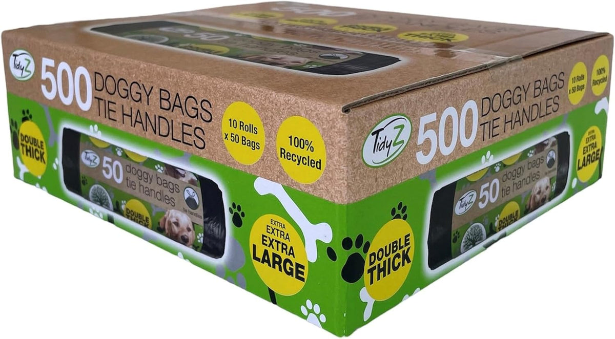500 TidyZ Dog Poo Bags. Made from 100% Recycled Plastic. Extra Strong, 30 × 36 cm Extra Large Pet Waste Bags. Tie Handles. On a Roll. Unscented. Leakproof. 10 rolls of 50