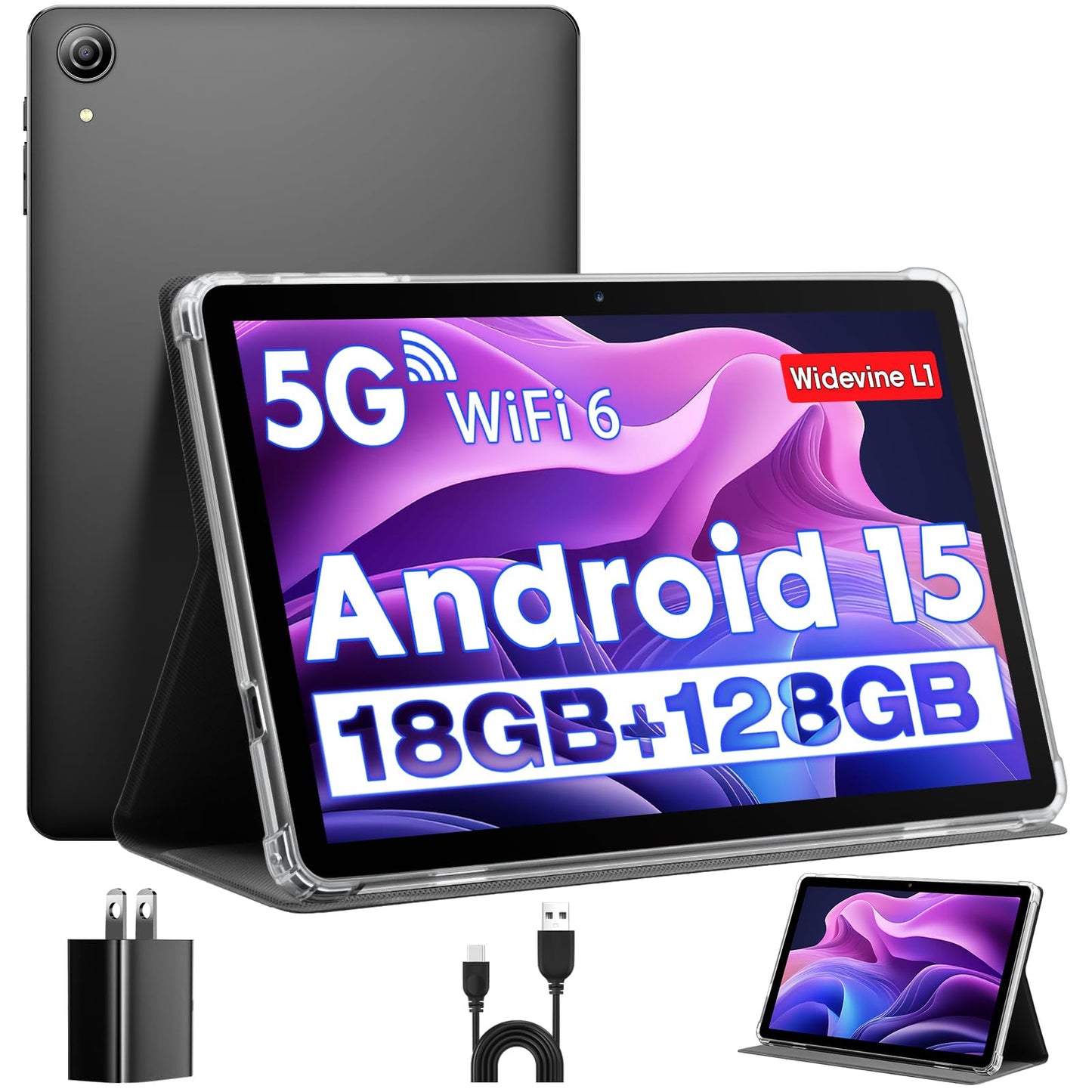 Tablet 10 Inch, Android 15 Tablets with Case, Mouse & Keyboard, Octa-Core, 24GB RAM+128GB ROM+1TB Expand, 1280 x 800 HD IPS Display, Dual Camera, 6000mAh, WiFi 6, BT 5.0, Widevine L1, GPS (Gray)