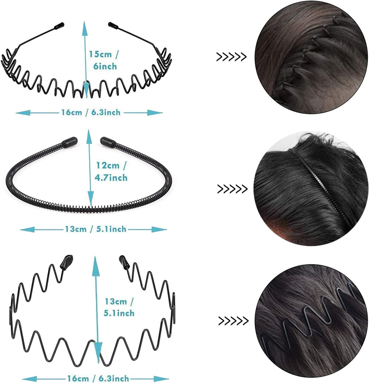 3PCS Metal Hair Bands for Men Non-Slip Black
