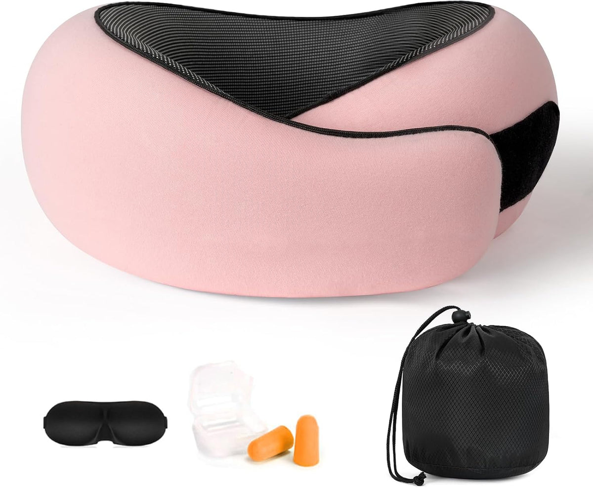 Memory Foam Travel Neck Pillow, 360° Support with Eye Mask&Earplugs