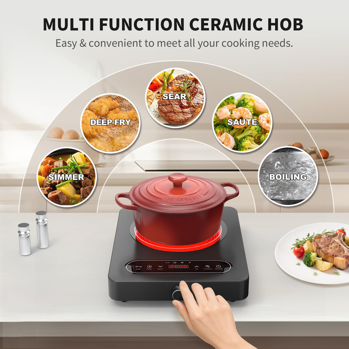 VBGK Double Induction Hob,220V 3600W 2 Ring Induction Hob with Knob Control,9 Power Levels, Kids Lock & Timer,LED Touch Control,Overheat Protection
