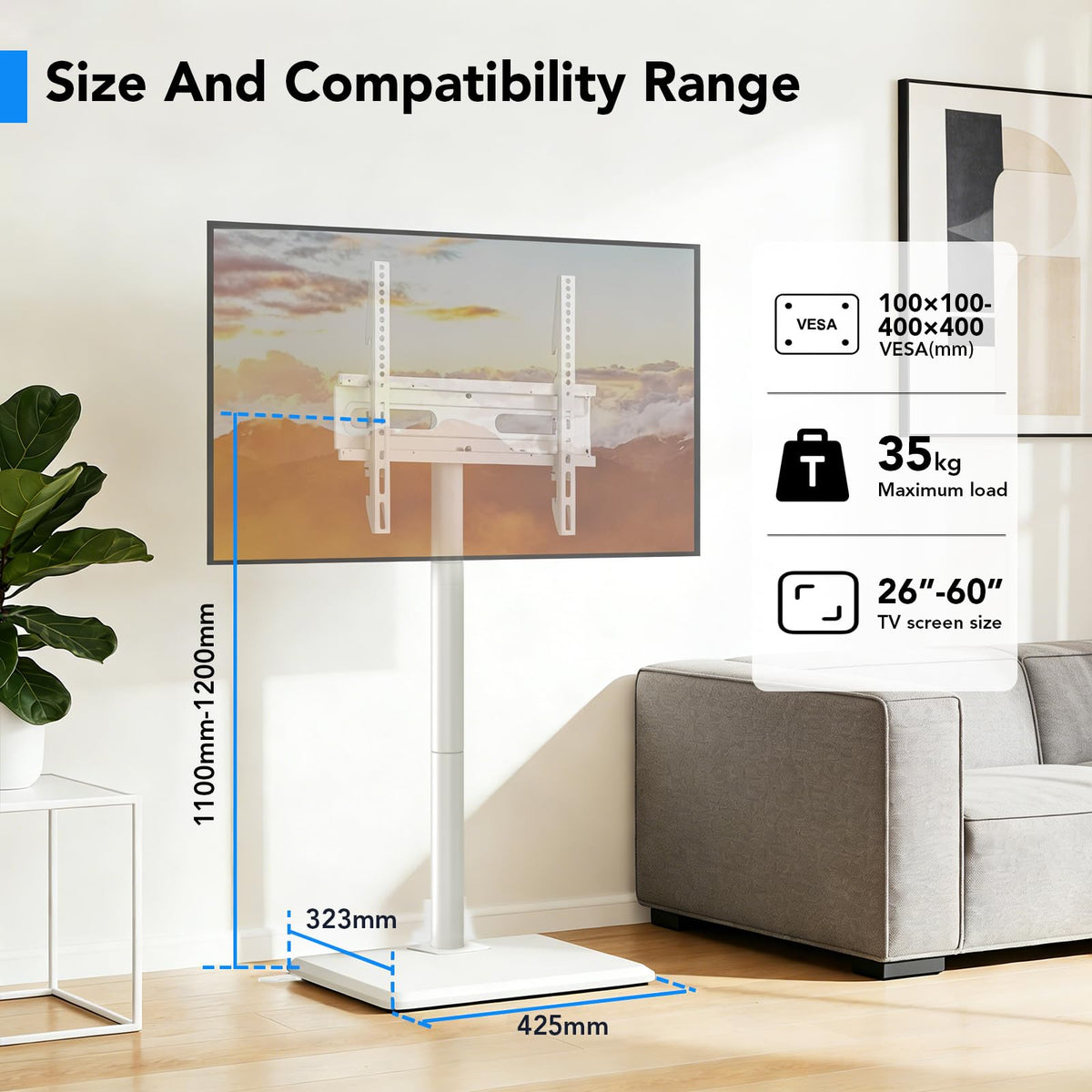 Floor TV Stand with Mount for 26-55 inch TVs up to 35 kg, Height Adjustable Swivel Tilt TV Stand with Wood Base & Shelf, Saving Space Design for Bedroom, Living Room and Corner, White