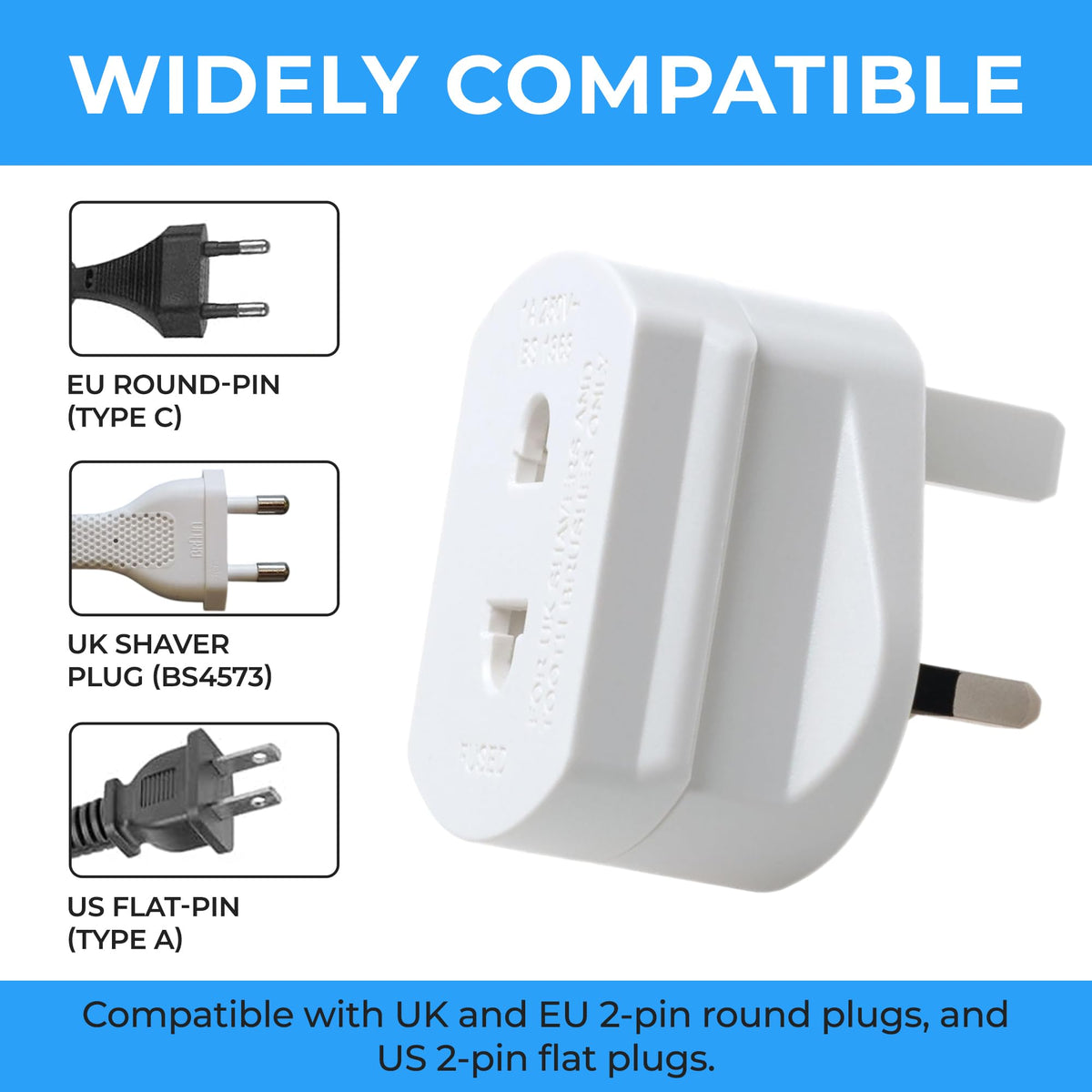 Double Dragon 2-Pack UK Electric Toothbrush & Shaver Plug Adapter | 2-Pin to 3-Pin Bathroom Converter | Supports UK EU Round & US Flat 2-Pin Plugs | 1A Fused | Compatible with Oral-B, Braun, Philips