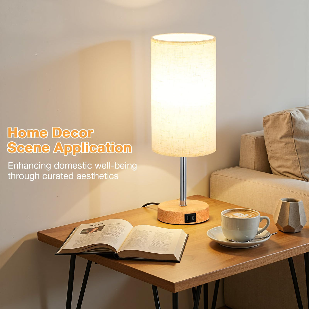 Aooshine Grey Table Lamp, 3-Way Dimmable, USB A + C Charging