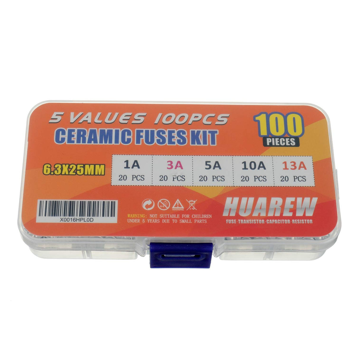 5 Values 100 Pcs 6.3x25 mm BS1362 1 3 5 10 13 A amp 240 V volt 0.248x0.984 Inch Ceramic Tube Fuses Assortment Kit