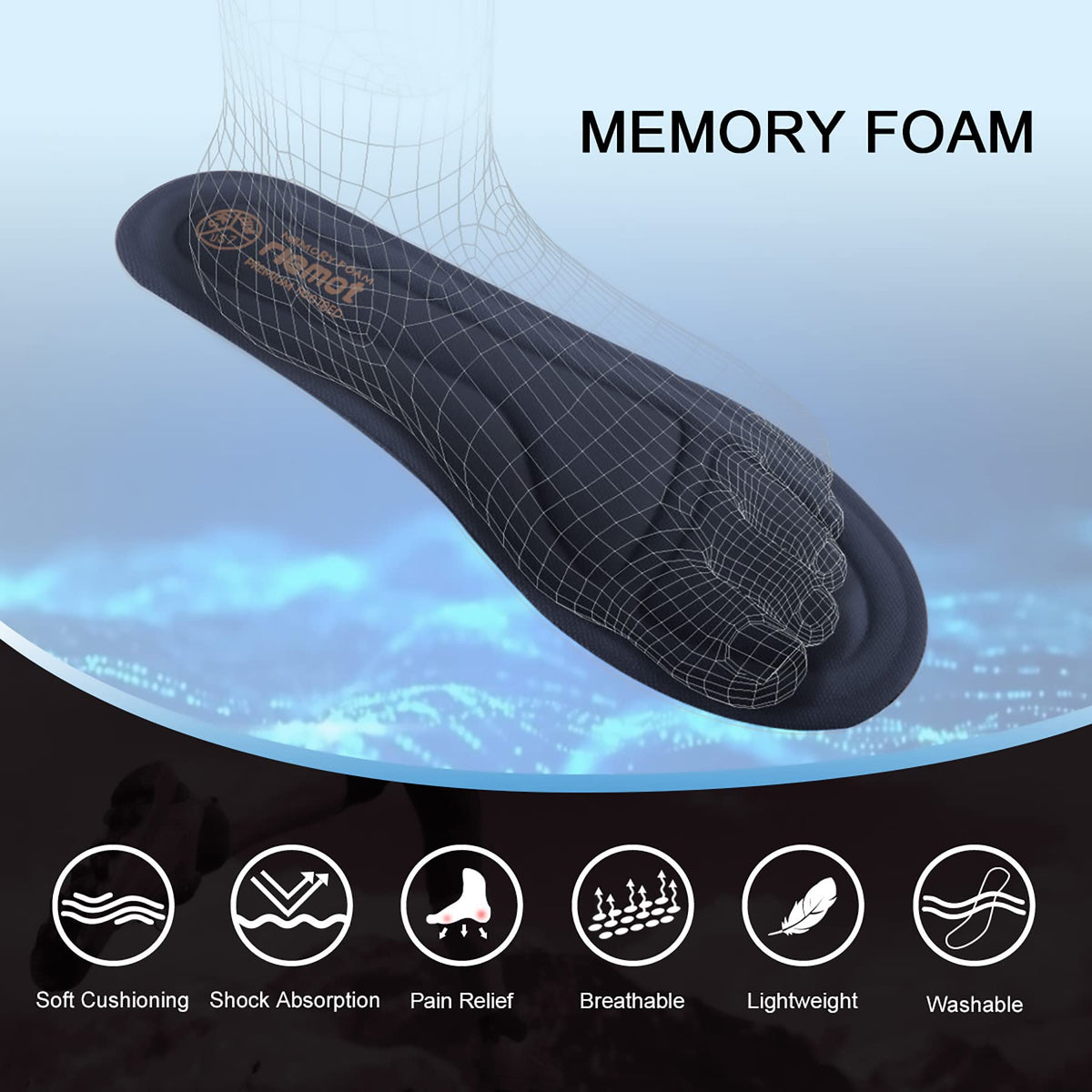 riemot Memory Foam Insoles for Men and Women - Replacement Shoe Inserts Comfort Cushioning for Sports Shoes, Trainers, Sneakers, Work Boots and Walking Shoes