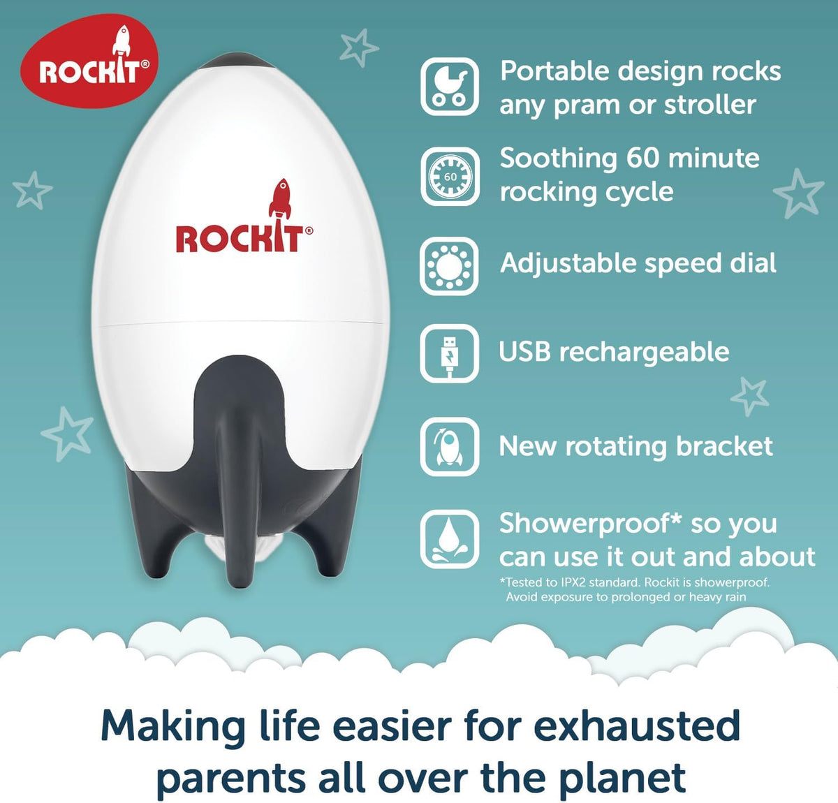 Rockit Rocker Rechargeable Pram Rocker - Baby Pushchair Rocking Device, Soothing Motion for Stroller or Buggy, Adjustable Speed, 60 Minute Timer, Universal Fit