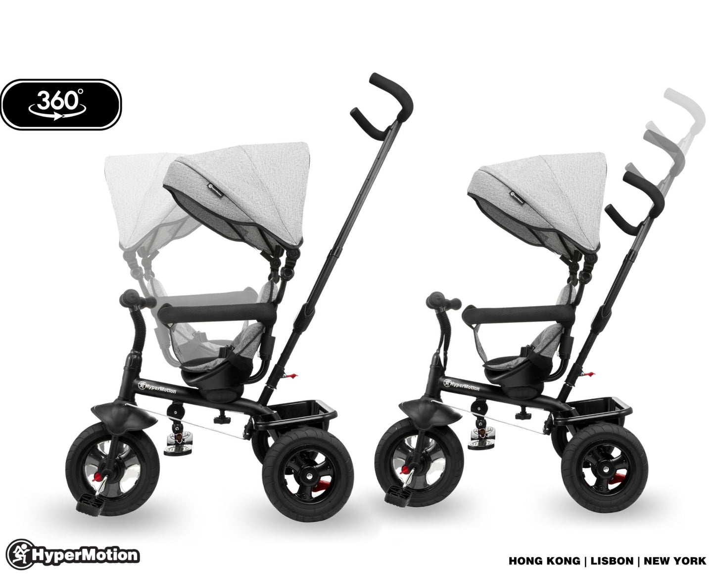 HyperMotion Toddler Tricycle with Parent Handle, Canopy, Safety Belt & Basket — From 12 Months