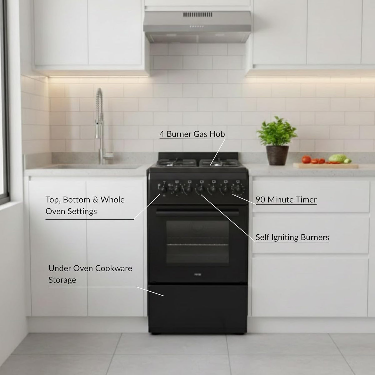 HYE Gas Cooker - Versatile 4 Burner Gas Hob, Electric Oven