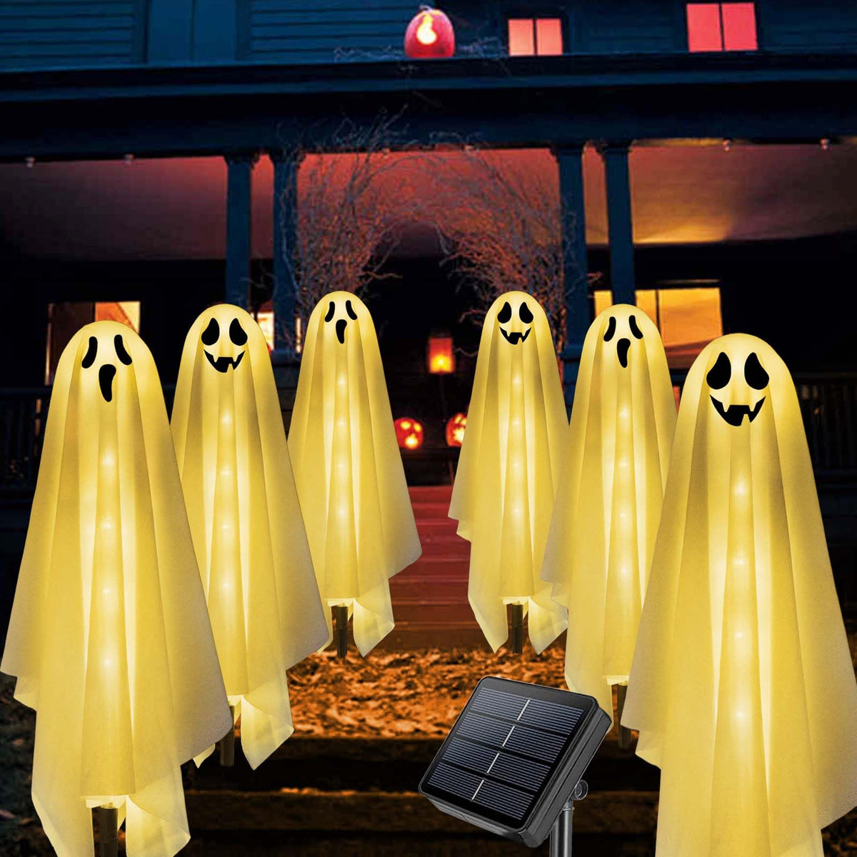 Set of 6 Solar Ghost Stake Lights, Halloween Decorations Outdoor, Scary Spooky Garden Patio Grave Lawn Porch Pathway Lights for Outside Yard Trick or Treat Halloween Party Decor Cool White