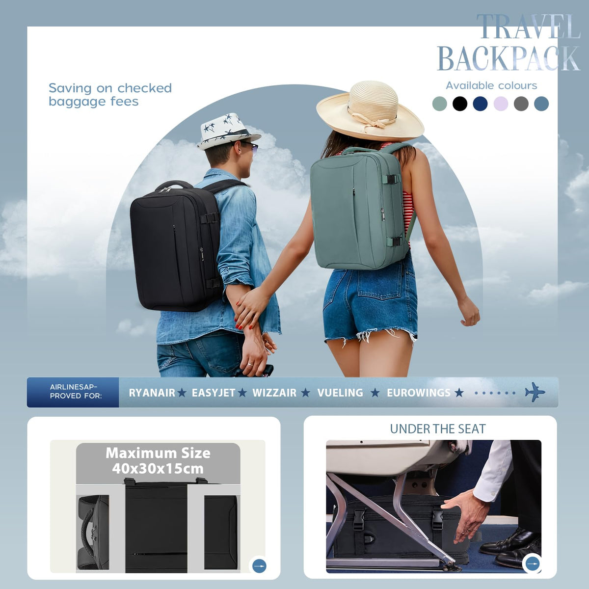 Xkdoai for Ryanair Cabin Bags 40x30x20,Backpack with TSA Approved Clear Bag