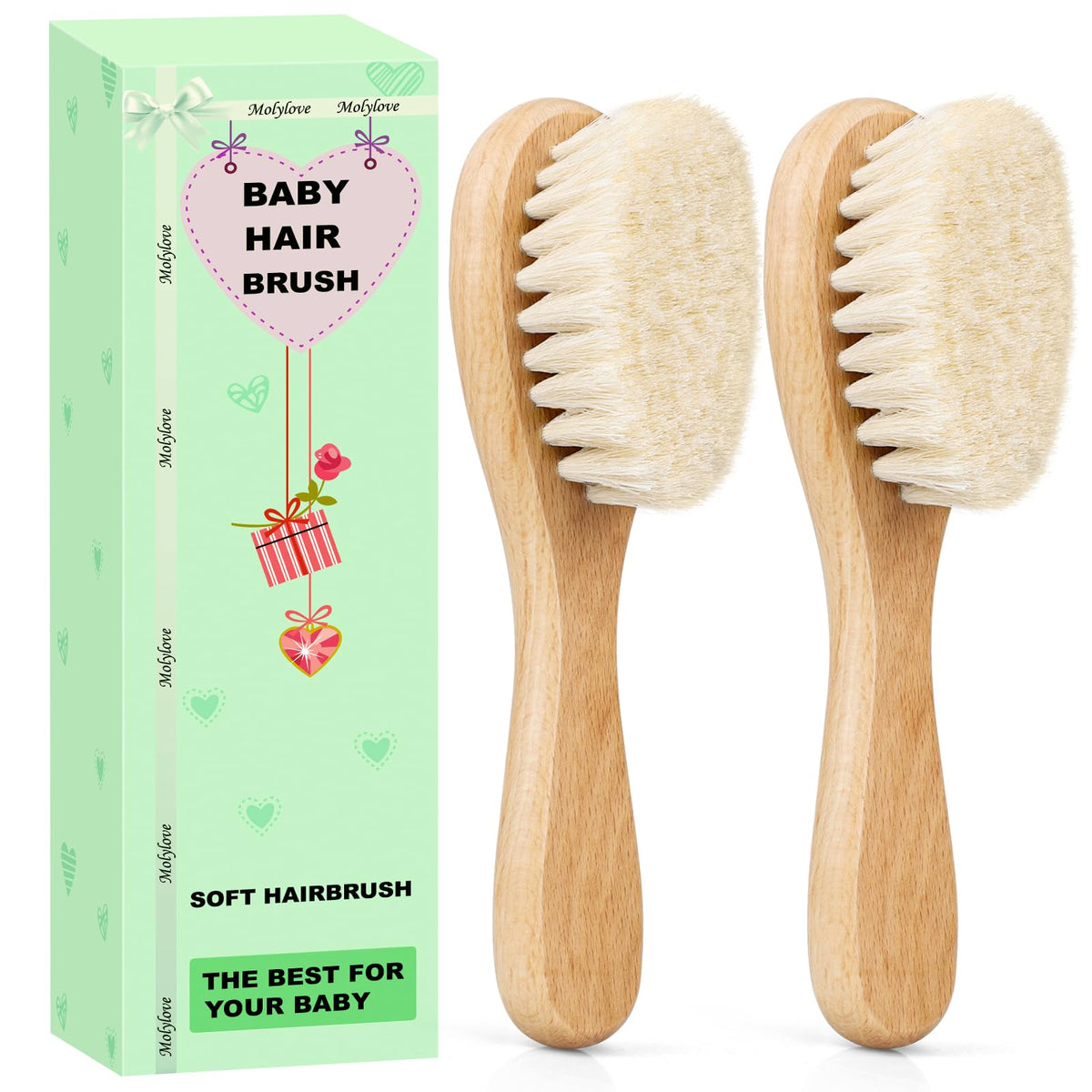 3PCS Baby Hair Brush with Wooden Handle and Comb Set for Newborns & Toddlers | Natural Soft Goat Bristles l Wood Comb l Green Cradle Cap Brush | Ideal for Cradle Cap