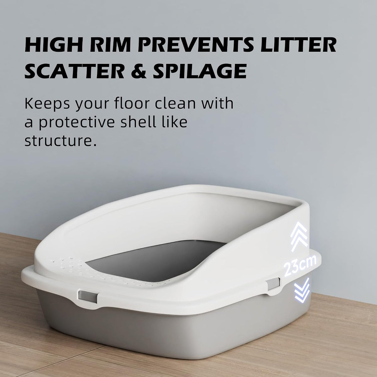 Cat Litter Tray Box, Litter Box, Plastic Cat Open Top Litter Tray with Free Scoop Kitten Detachable Rim Easy Cleaning,49 x 38 x 23cm (Grey)