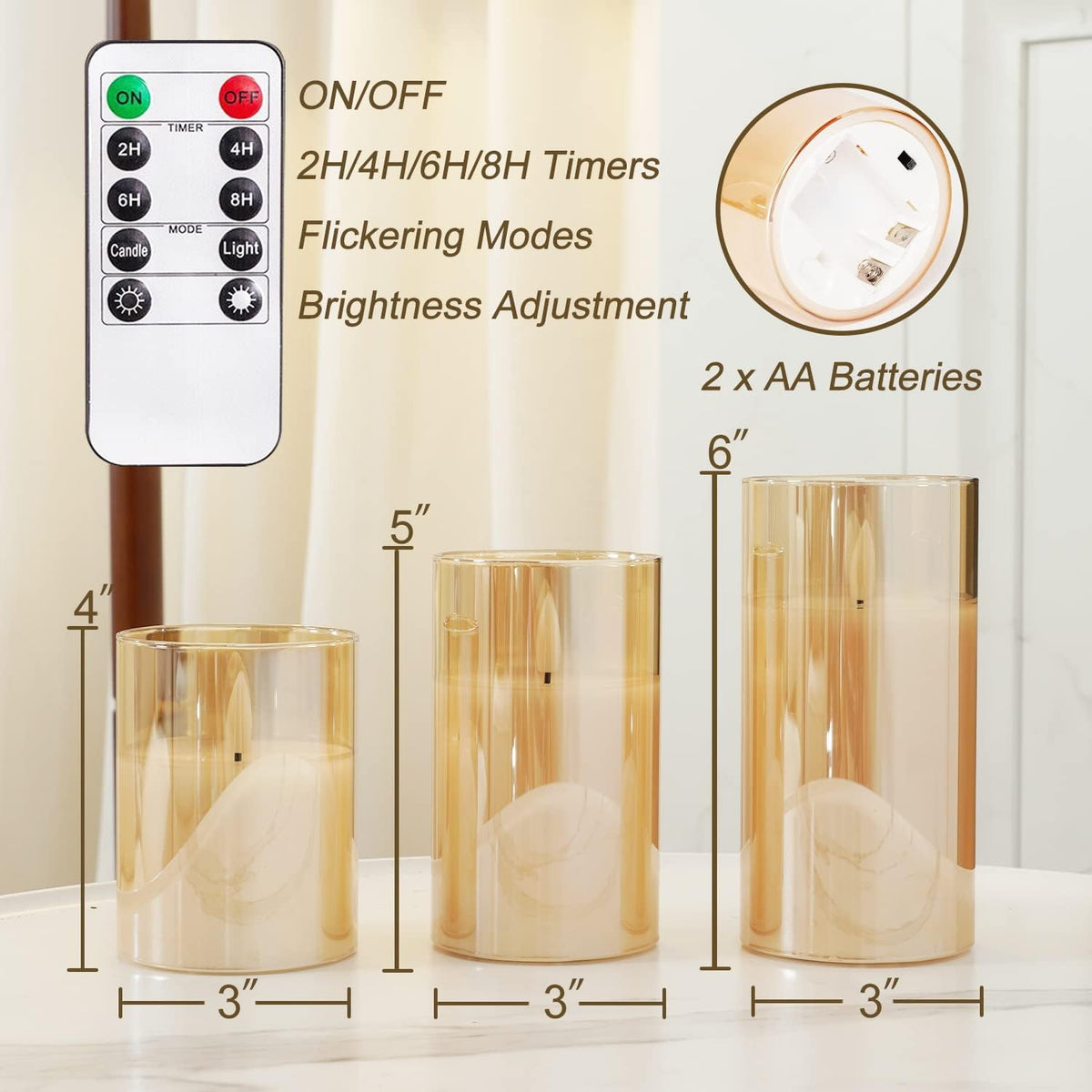 Homemory Real Wax LED Candles Flickering, Clear Glass Shell, Gold, Set of 3