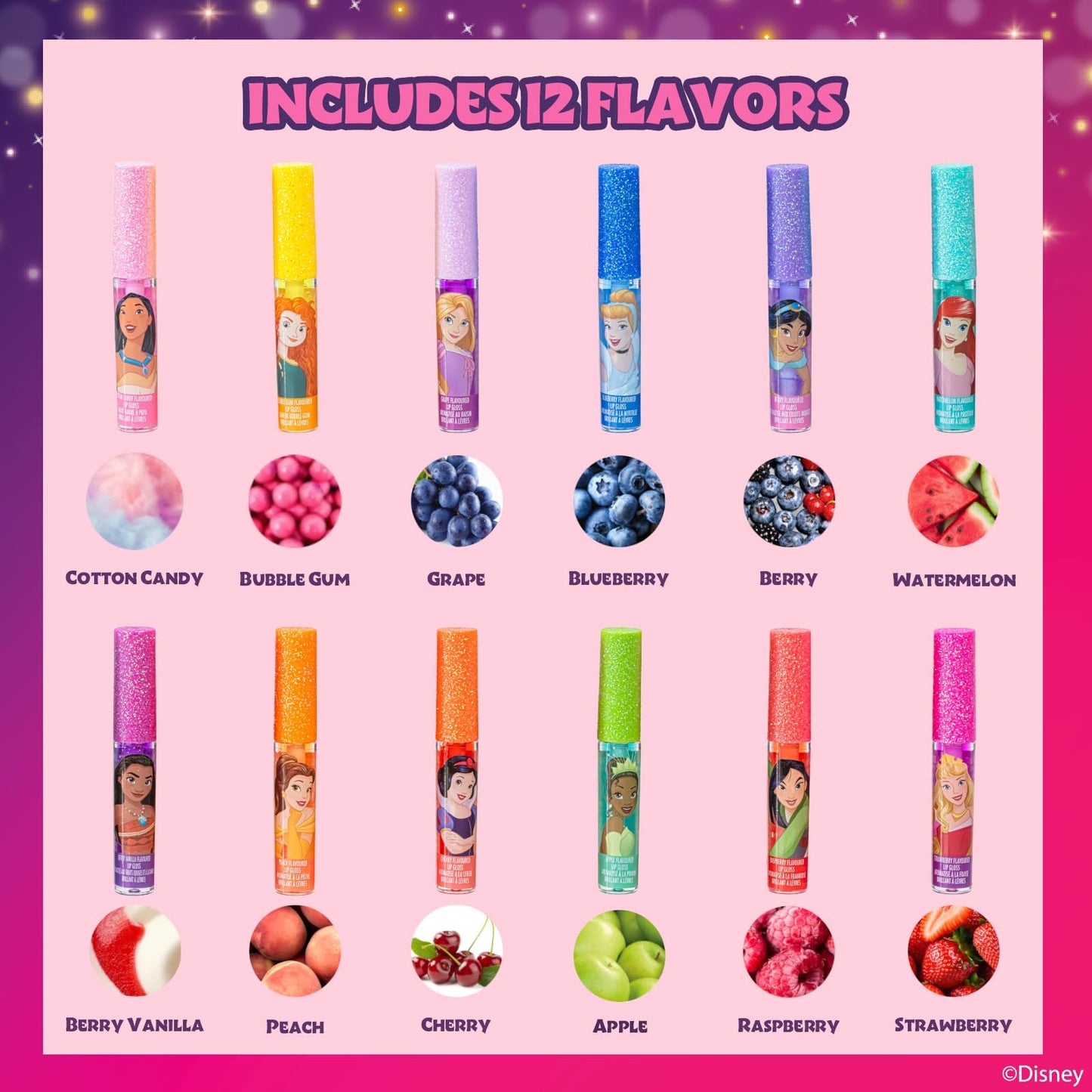 Disney Princess 12 Piece Plant Based Lip Gloss, Girls Party Favours, First Makeup Set for Girl, Perfect for Parties, Sleepovers and Birthday Gifts, Ages 3+, by Townley Girl
