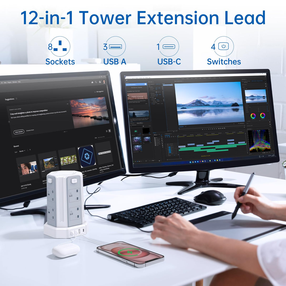 Tower Extension Lead 3M, [13A 3250W] Extension Lead, 8 AC Outlets & 4 USB Ports Multi Plug Socket Power Strip with 3M Extension Cable for Home, Office