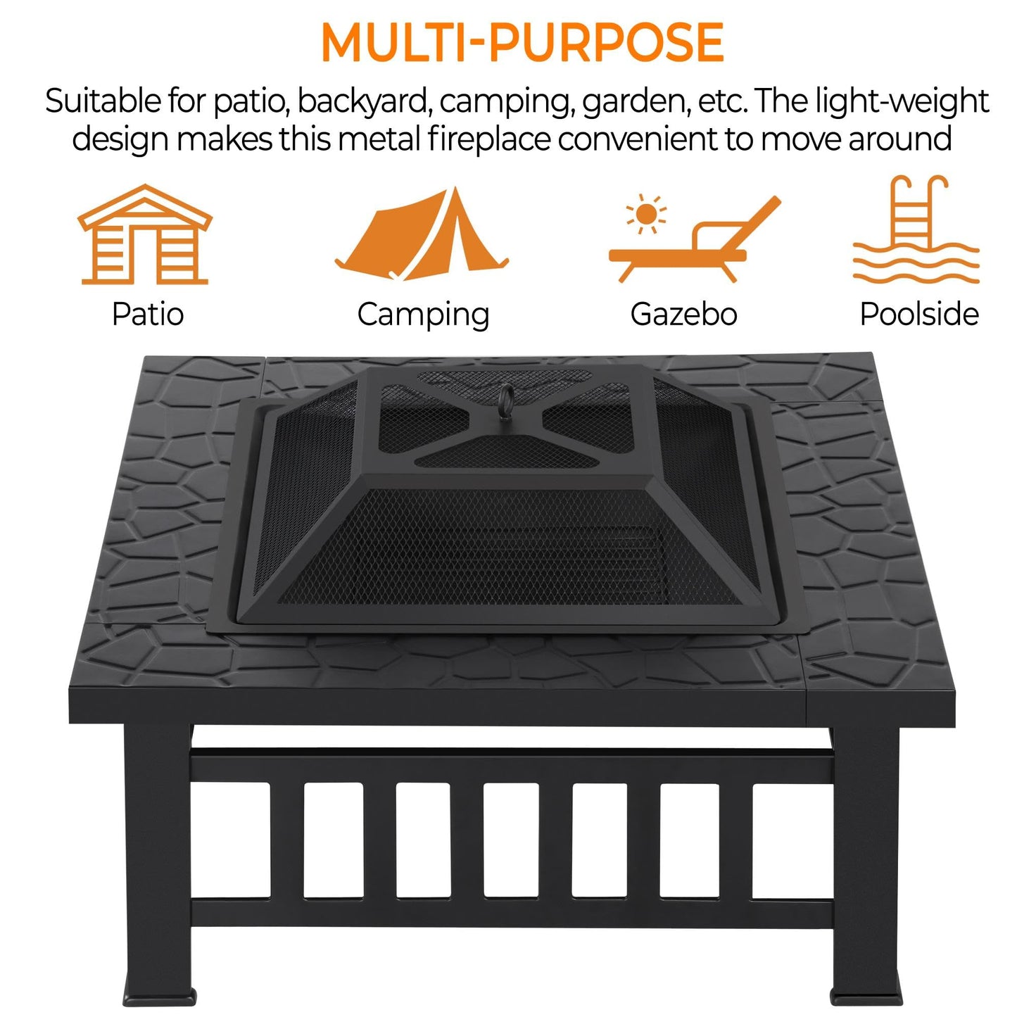 Yaheetech Outdoor Fire Pit 81cm Square Fire pits 3-in-1 Heat-resistant Metal Garden Stove for Barbecue, Heating, Cooling Drinks with Cover & Poker, Black