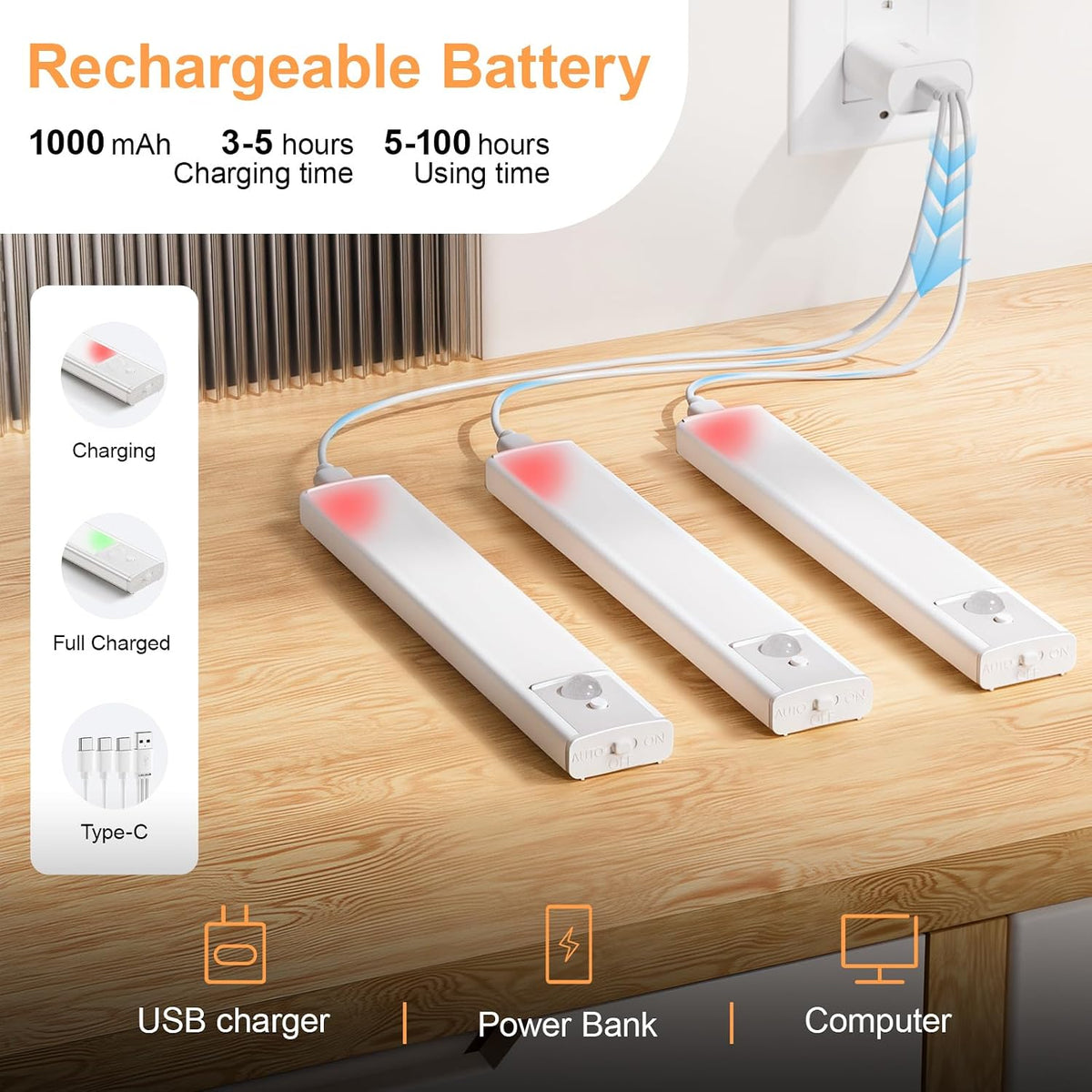 daphomeu 5 Pack Rechargeable Under Cupboard Kitchen Lights, 20CM Dimmable Warm Cabinet Light, LED Motion Sensor Lights Indoor, Magnetic Stick Light for Kitchen Shelf Stairs Wardrobe