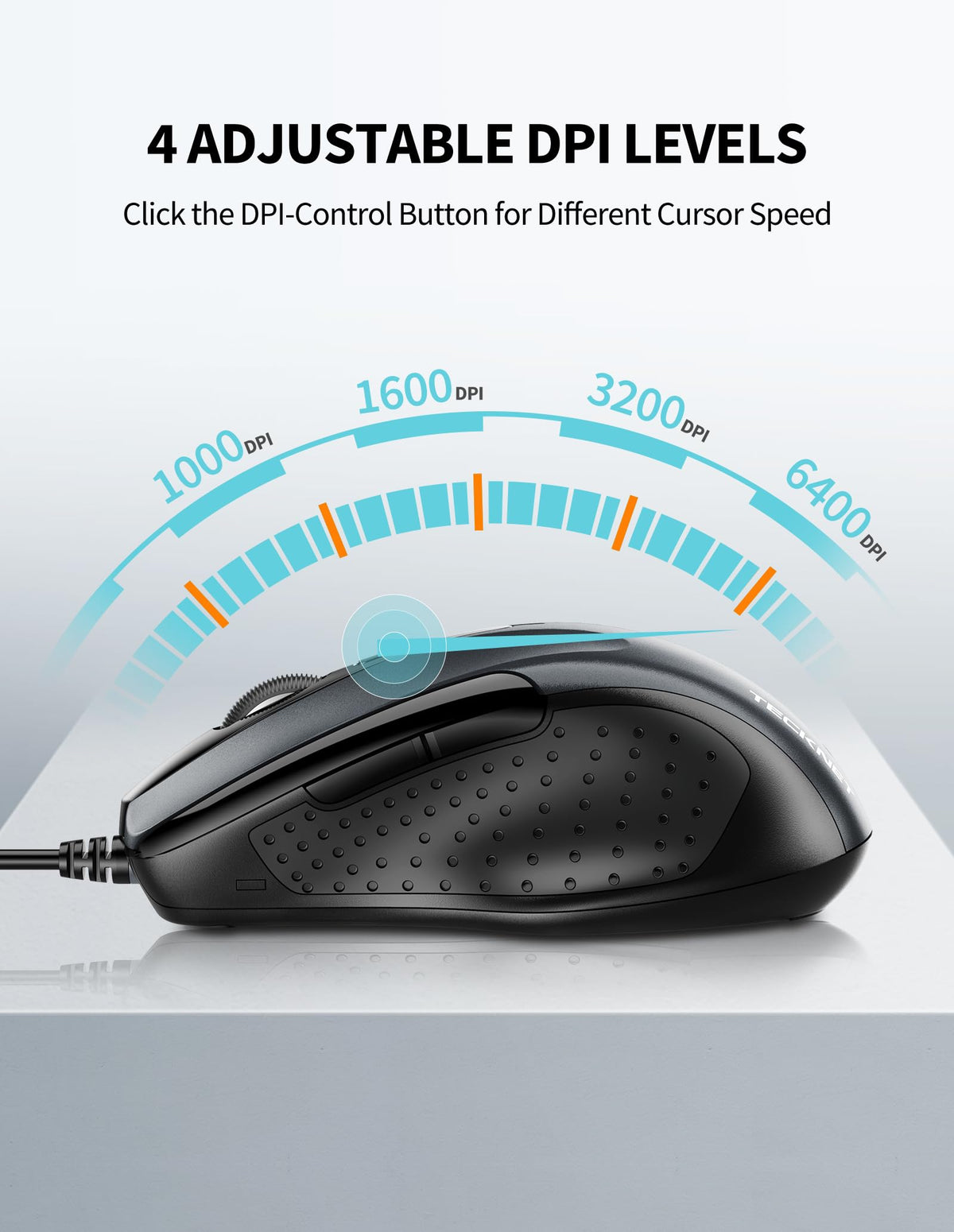 TECKNET USB Wired Mouse, 6400 DPI Mice 4 Adjustable DPI with 6-Button Corded, Optical Computer Mouse with Ergonomic Design for Laptop, Chromebook, PC, Desktop, Mac, Notebook