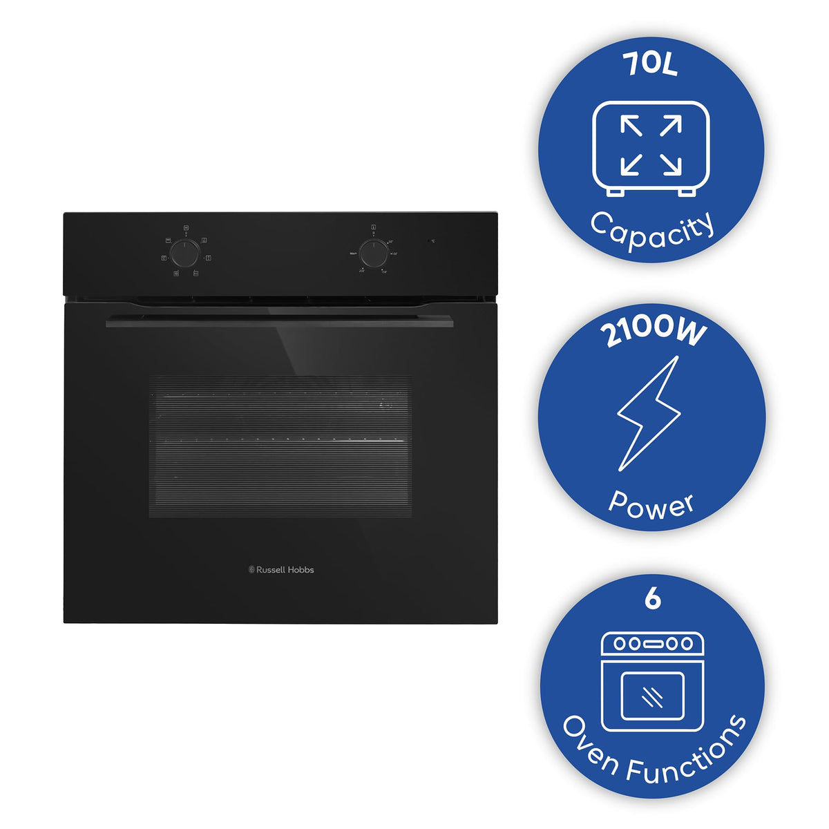 Russell Hobbs 70L, 60cm Wide, Single Electric Built-in Fan Oven and Grill in Stainless Steel, 6 Oven Functions, RHFEO7004SS