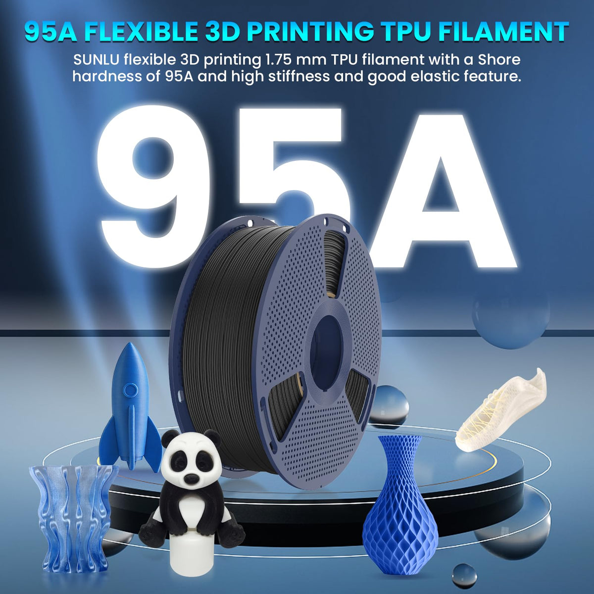 SUNLU TPU Filament TPU 95A 1.75mm Black, Flexible 3D Printer Filament