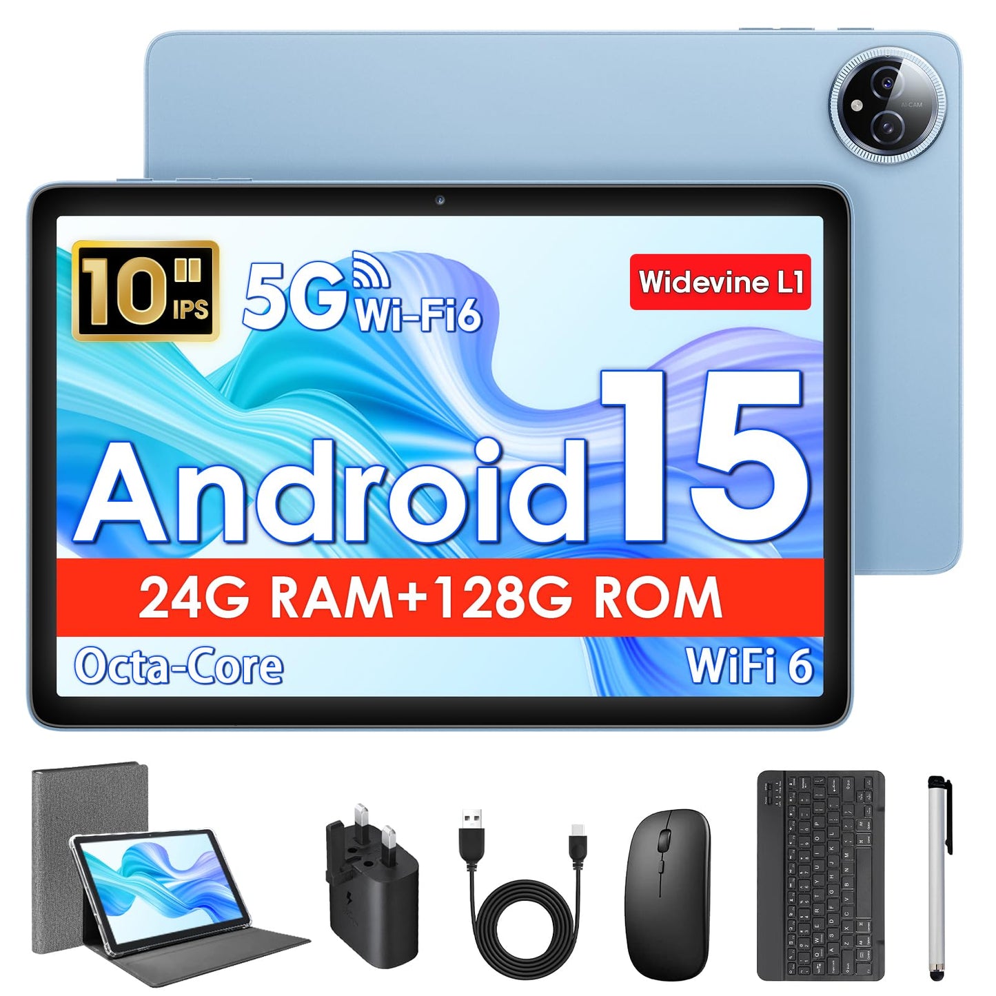 Tablet 10 Inch, Android 15 Tablets with Case, Mouse & Keyboard, Octa-Core, 24GB RAM+128GB ROM+1TB Expand, 1280 x 800 HD IPS Display, Dual Camera, 6000mAh, WiFi 6, BT 5.0, Widevine L1, GPS (Gray)
