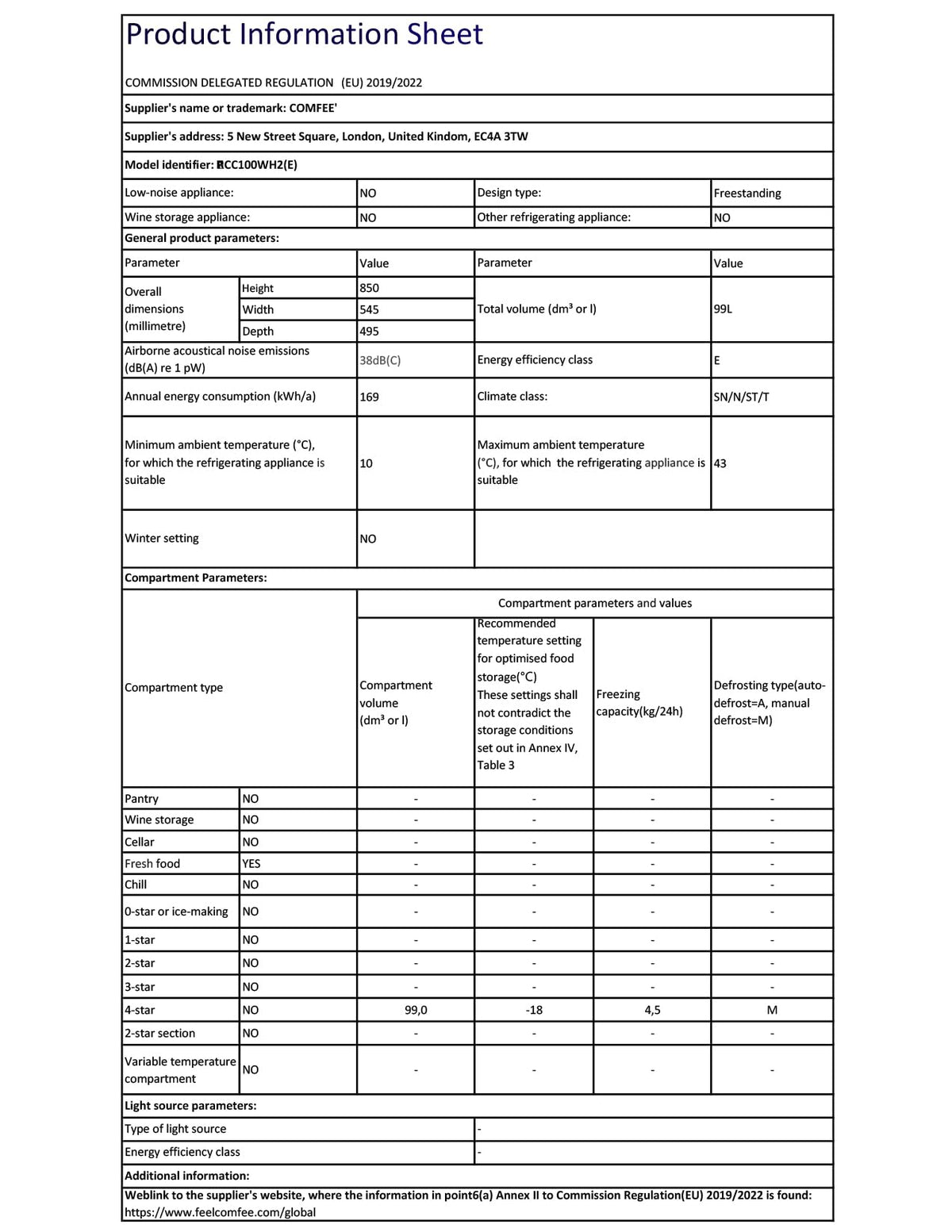 COMFEE' 99L Chest Freezer, Convertible Refrigeration Mode, RCC102BL2UK(E)