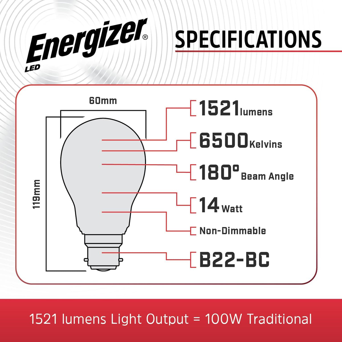 Energizer B22 Bayonet Light Bulbs, 1521lm, Daylight White 6500K, 4 Pack