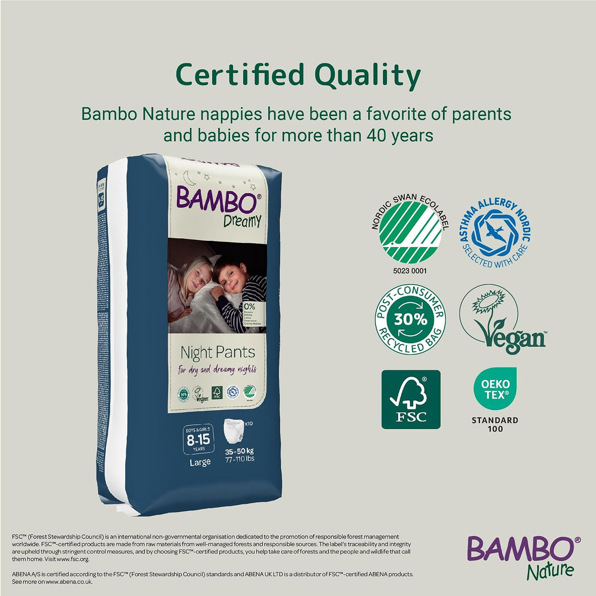Bambo Nature Dreamy Night Pants Nappies, (Children Aged 8-15, 35-50kg), 10PK Pull Up Pants, Eco Nappies Keep Beds Dry All Night, Pull Ups Training Nappy, Secure, Comfortable, Potty Training