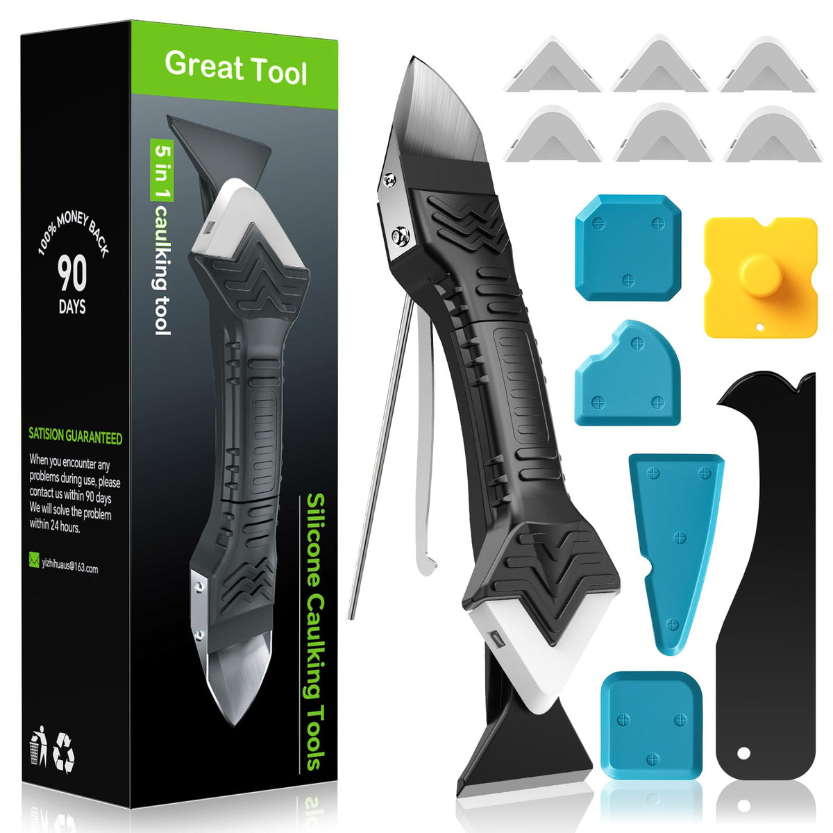 Caulking Tool 5 in 1 Silicone Caulking Grout Removal Sealant Finishing Tool with Grout Scraper, 6 Exchange Silicone Pads, Adhesive Residue Scraper Seam Repair Kit for Kitchen Bathroom