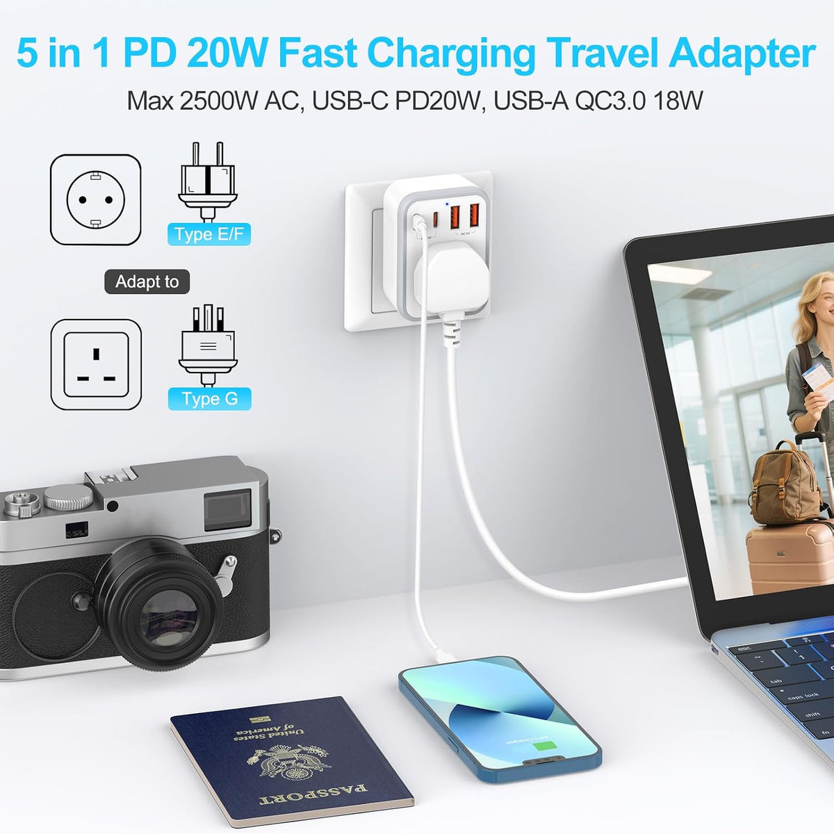 UK to European Travel Plug Adapter Fast Charge PD 20W USB-C QC 3.0
