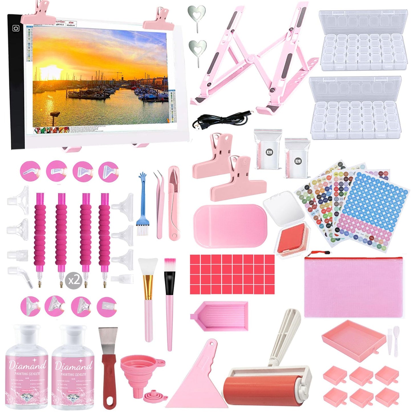 DNSGOOR 189Pcs All Inclusive Diamond Art Accessories Kit Diamond Painting A4 LED Light Pad Set with Diamond Art Sealer Glue Stand Storage Case Pens 5D Painting Tools for DIY Drill Craft