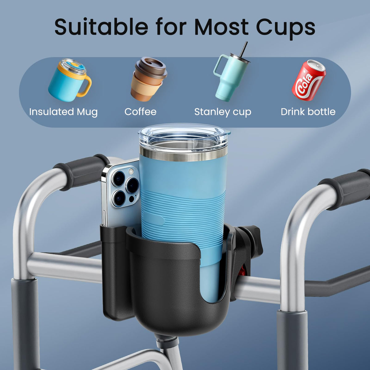 2-Pack Pram Cup Holder with Phone Holder, Universal Pram Buggy Accessories