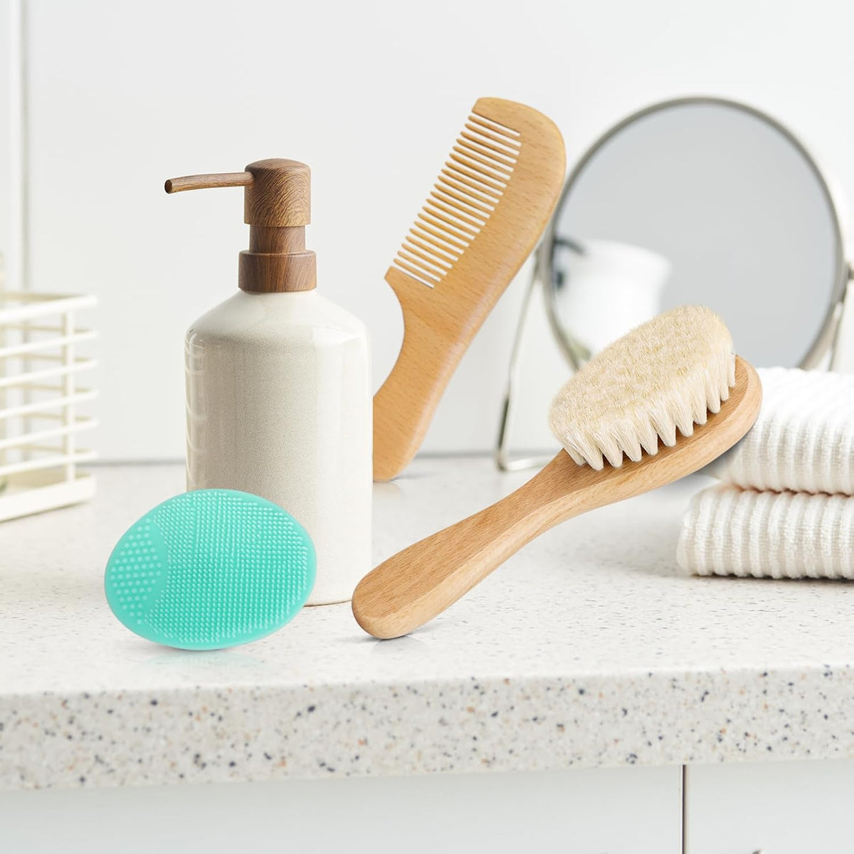3PCS Baby Hair Brush with Wooden Handle and Comb Set for Newborns & Toddlers | Natural Soft Goat Bristles l Wood Comb l Green Cradle Cap Brush | Ideal for Cradle Cap