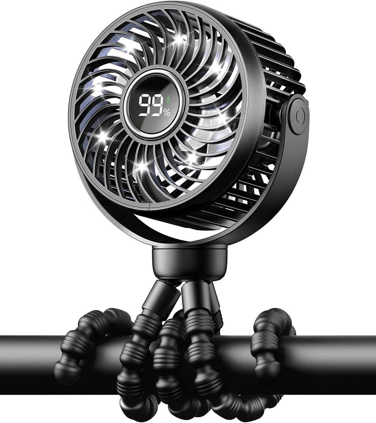 Pram Fan, Rechargeable 4-Speed Clip On Fan, Digital Display, Black