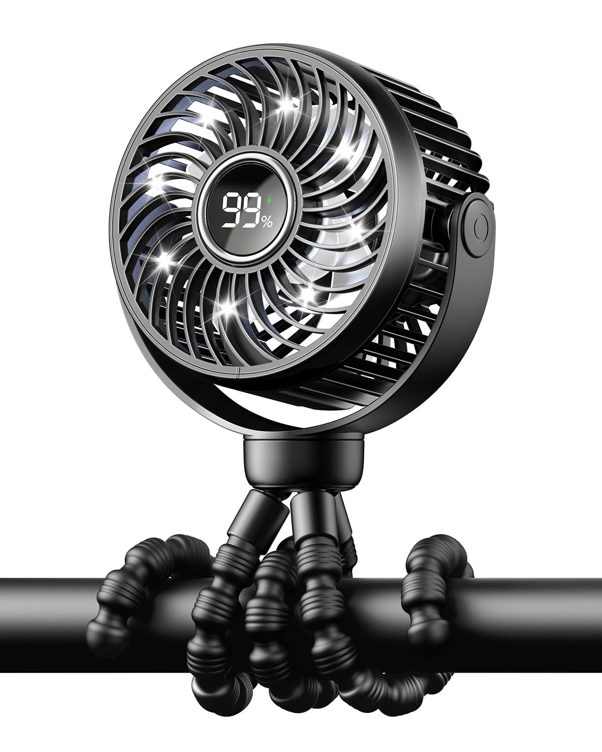 Mini Portable Pram Fan, Rechargeable Clip On Fan for Stroller, Digital Display & Night Light, 4 Speeds, 360° Rotate Flexible Tripod Cooling for Buggy, Pushchair, Car Seat, Travel (Black)