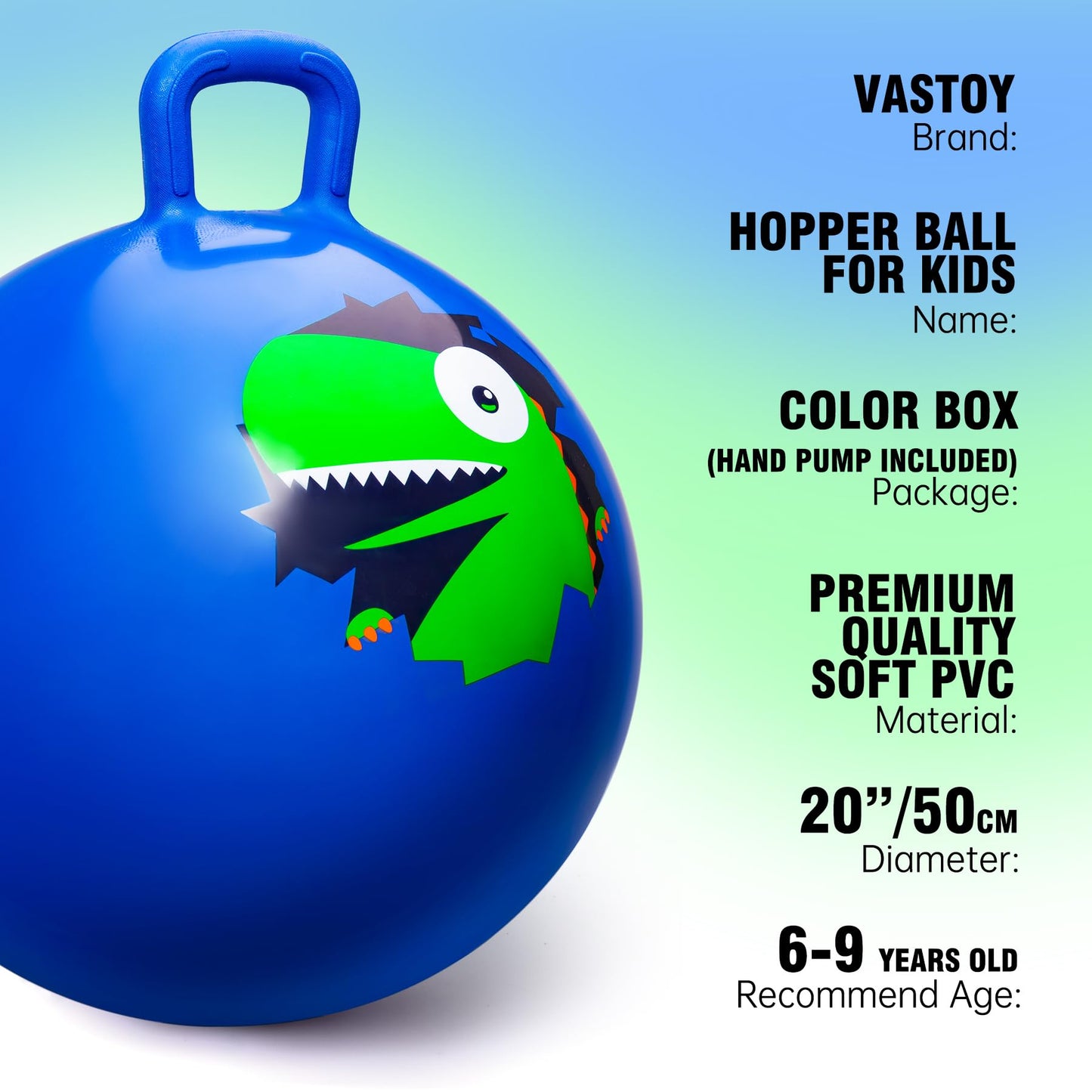 Vastoy 20 Inch Space Hopper Ball for Kids 6-9 Years - Anti-Slip Space Hopper with Hand Pump, Bouncy Inflatable Ride On Toy for Indoor Outdoor Fun, for Children (Blue Eyes)