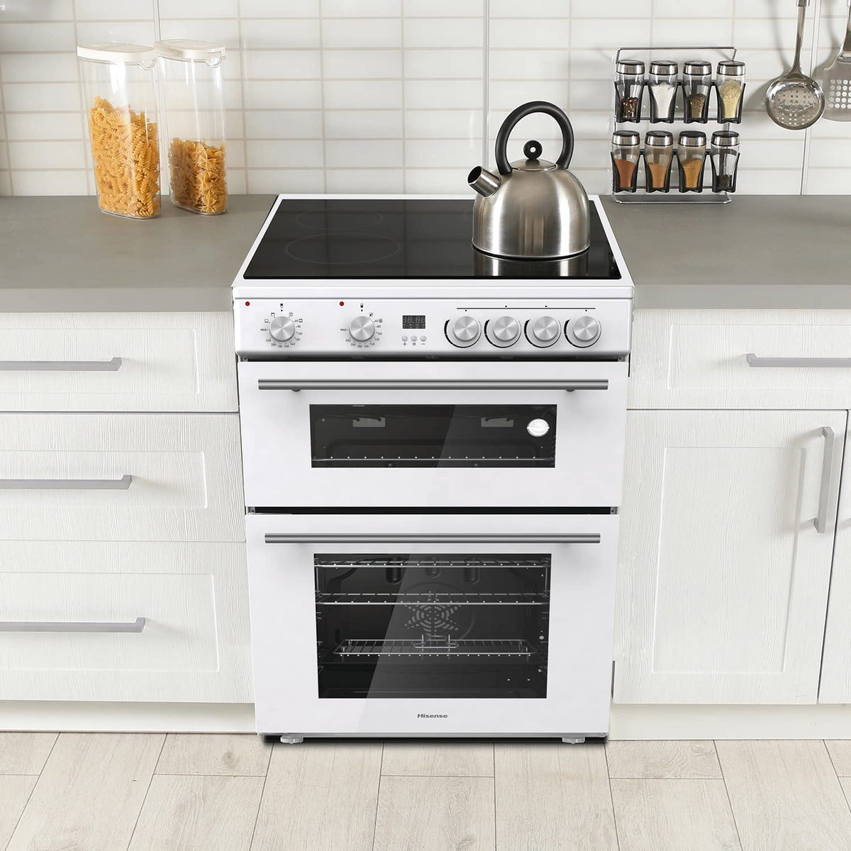 Hisense HDUKC60W 60cm Electric Cooker with Ceramic Hob-White, A Rated Double Oven 50L/80L [Energy Class A]