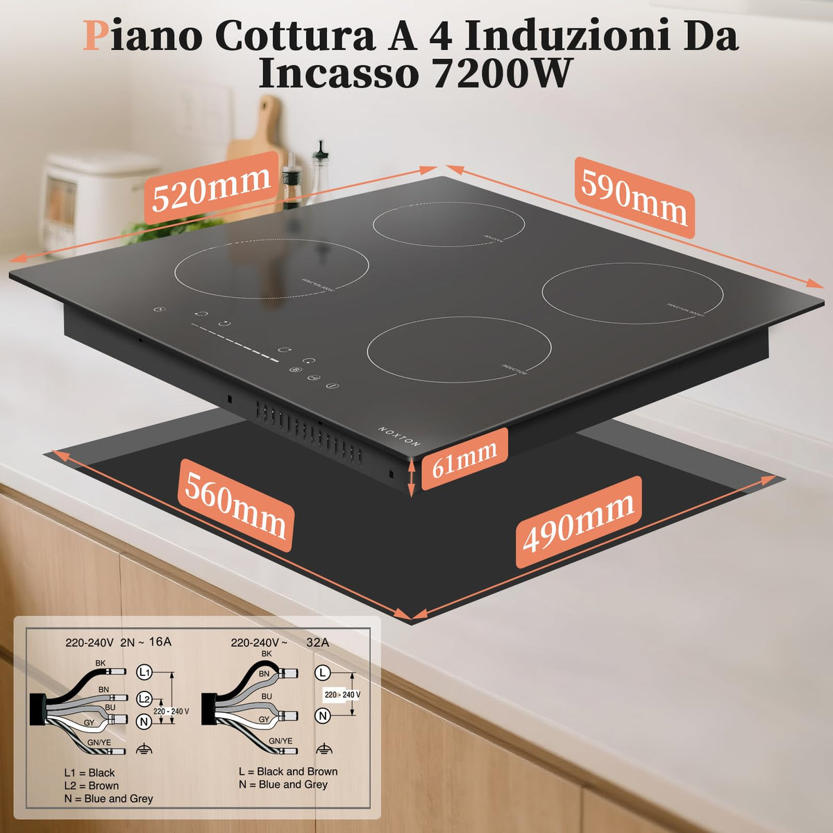 Noxton Plug in Induction Hob, 4 Zones Electric Hob 60cm, Touch Control with Child Safety Lock,UP to 99 Min Timer Black Crystal Glass