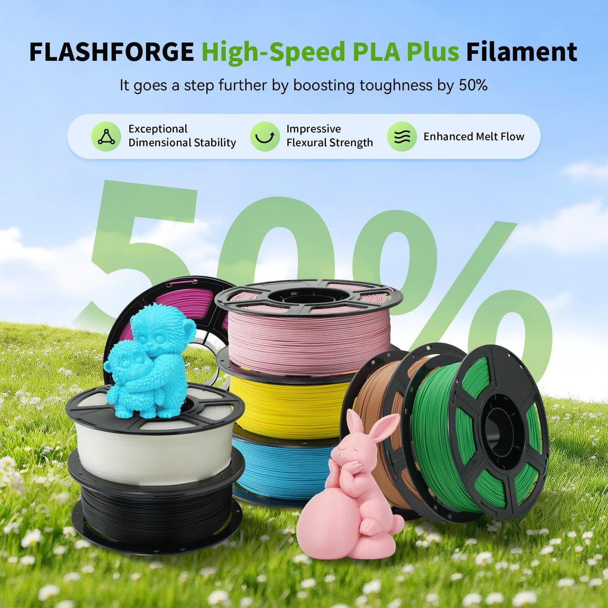 FLASHFORGE 3D Printer Filament, PLA PRO Filament 1.75mm, 1KG Spool (2.2lbs), Dimensional Accuracy +/- 0.02mm for FDM 3D Printers, Better Tenacity & No Knotting (White)