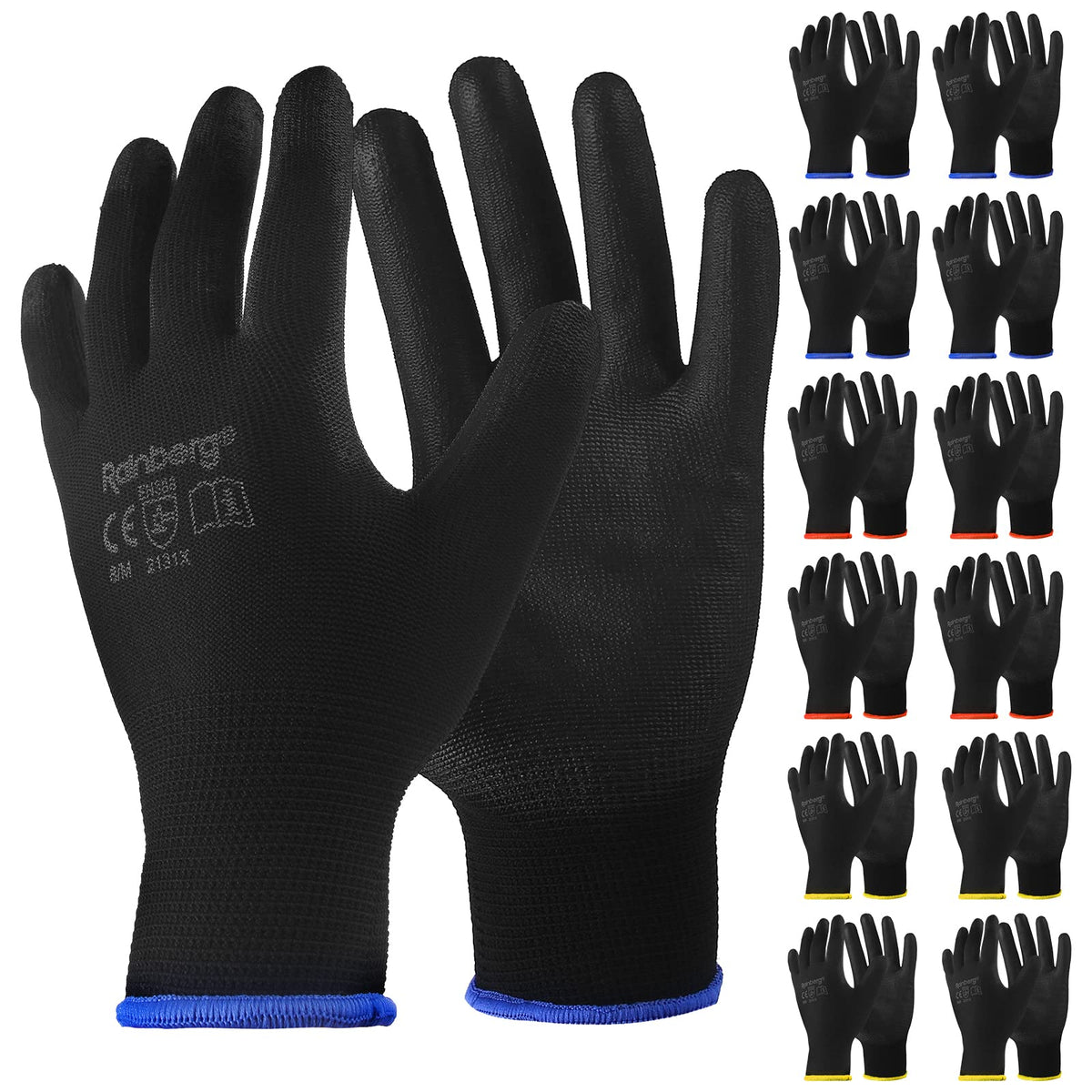 Rainberg Pack of 12 or 24 Safety Gloves, Work Gloves, with Secure Grip on Palm & Fingers, PU and Nylon Non-Slip Gloves, Ideal for General Duty Work, Gardening. (Pack of 12 Pair's, Medium)