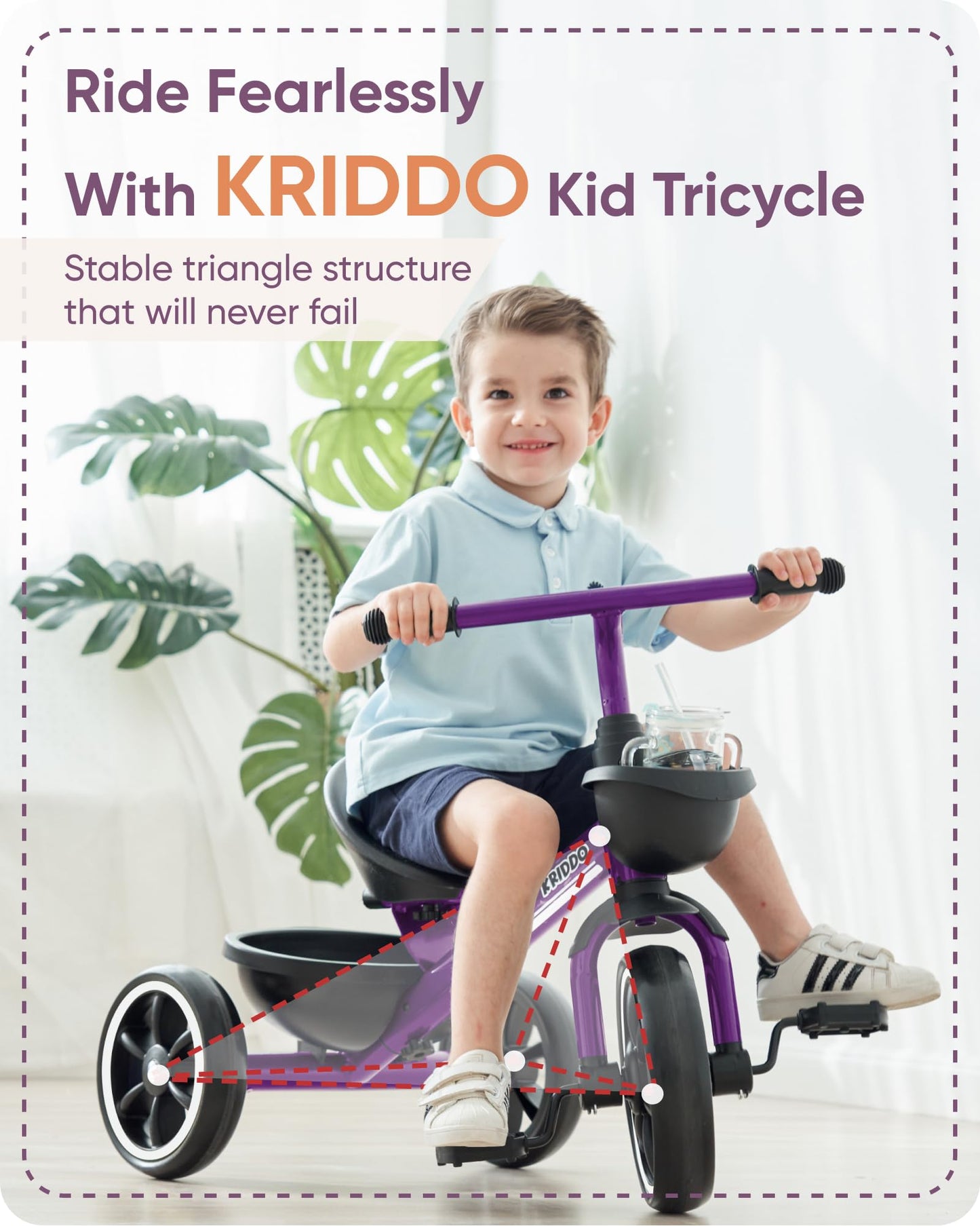KRIDDO Toddler Tricycle — Anti-Tip Design, BPA-Free | Ages 18 Months to 4 Years | Pink