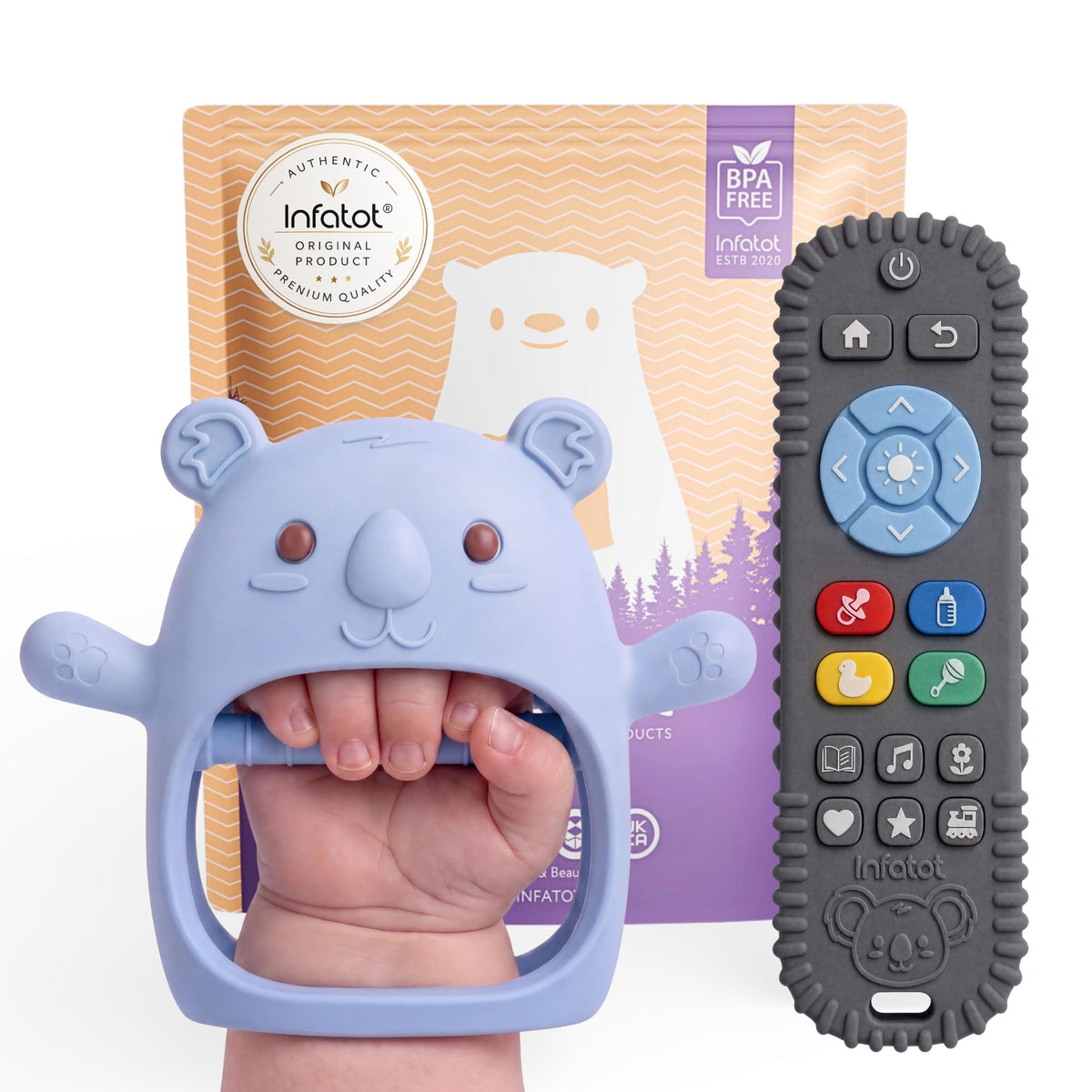 Infatot® Teething Toys for Baby Gifts – Chipmunk Silicone Mitten Teether, Soothing Glove for Infants, Baby Toys 0-6 Months, Soft Chewable Teether Toy to Prevent Finger Sucking, CM Blue.