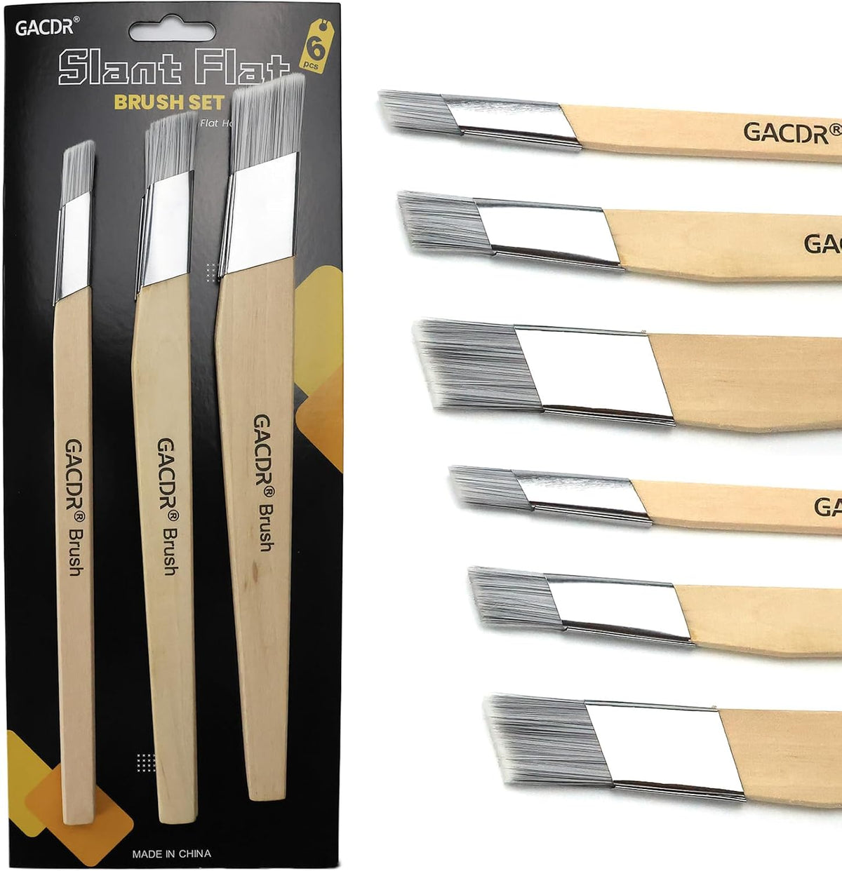 GACDR Slant Lining Fitch Paint Brushes,Pack Of 6 Cutting In Paint Brush Angled for Fast Accurate Detail & Control Hobby & Craft 2 Each of 0.5", 0.75", and 1"