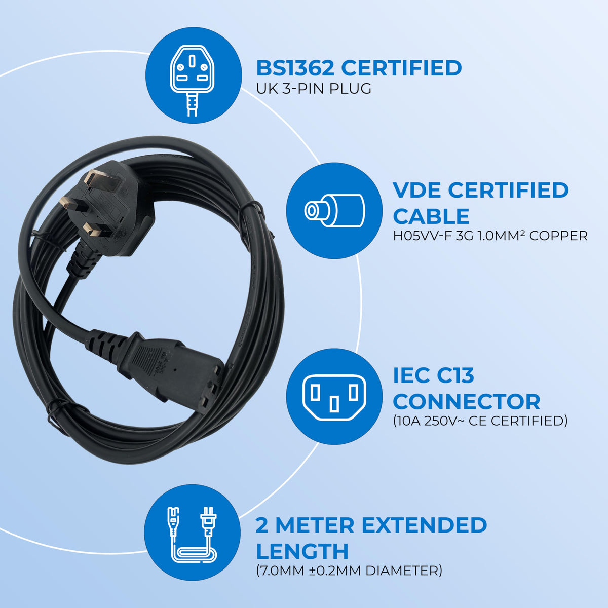 Double Dragon UK 3-Pin Plug to IEC C13 Power Cable – 1 Metre | 10A Fused BS1363 Plug | VDE Certified H05VV-F 3G 1.0mm² Copper Core | CE & BS Approved Black PVC Kettle Lead for PC, Monitor, Printer